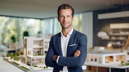 Fototapeta premium Portrait of a male real estate agent at a bustling real estate agency tirelessly matching clients with their dream homes