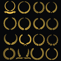 Collection of different golden silhouette laurel foliate, wheat and olive wreaths depicting an award, achievement, heraldry, nobility, and game dev. Vector illustration.
