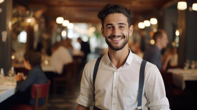 Portrait of a male resaurant server in a bustling restaurant taking orders with a warm smile