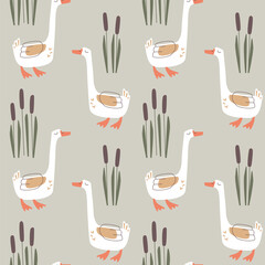 Vector seamless pattern with cartoon sleeping goose and reeds. Kids wallpaper with cute domestic birds. Texture for textile or wrapping paper. © Tatiana