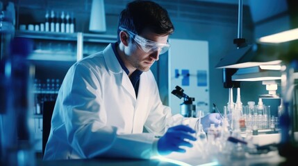 Portrait of a male scientist in a state-of-the-art laboratory conducting groundbreaking experiments