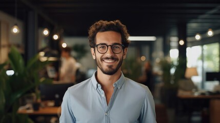 Portrait of a male social media manager in a fast-paced digital marketing agency crafting engaging social media content - obrazy, fototapety, plakaty
