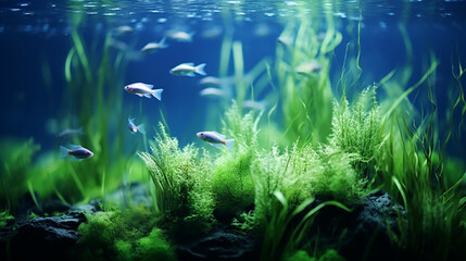 Fototapeta na wymiar decoration of plants and stones in aquarium design aquatic nature swimming gracefully generative ai