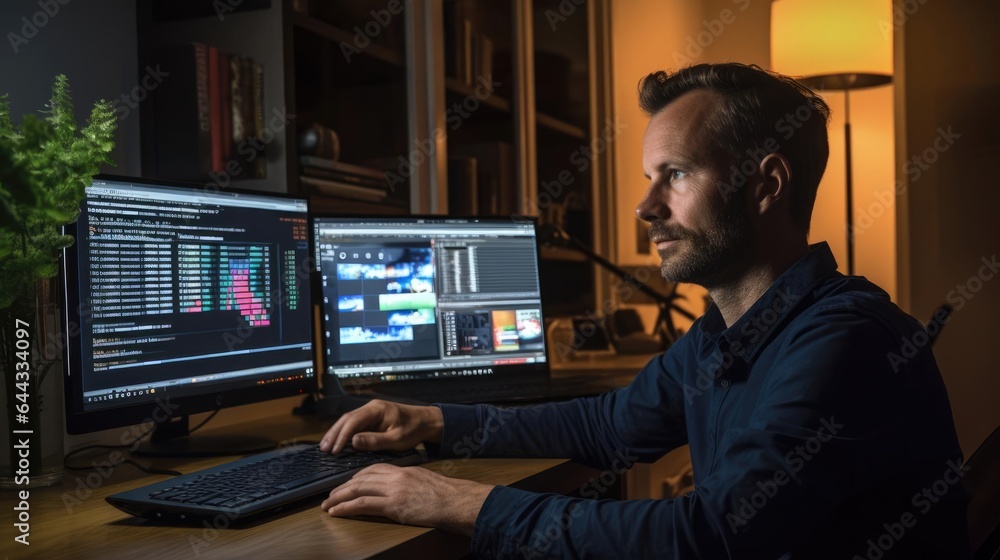 Poster portrait of a male software developer at his home office debugging intricate code