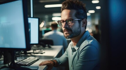 Portrait of a male software developer at a bustling tech company coding lines of elegant software