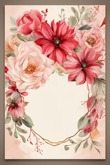 Obraz premium Colorful floral decoration illustration background template, creative arrangement of nature and flowers. Good for banner, wedding card invitation draft, greetings, and design element. Generative AI.