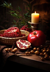 Rosh hashanah - the concept of the Jewish holiday of the New Year. Bowl of apple with honey, pomegranate and candles are traditional symbols of the holiday