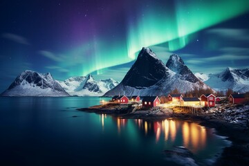 Northern Lights above Hamnoy Norway. Generative AI