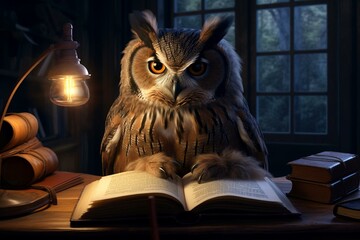 An elderly owl engrossed in a book within a library. Generative AI