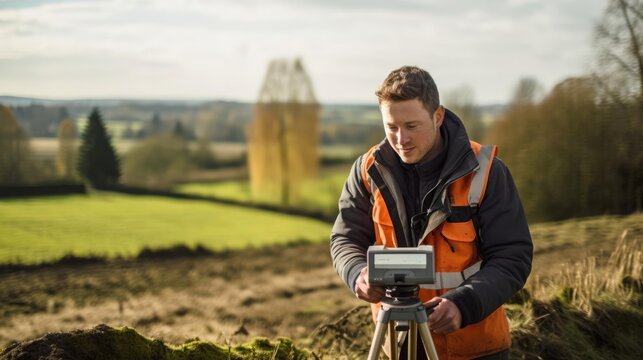 Portrait of a male surveyor in a rural landscape conducting land surveys