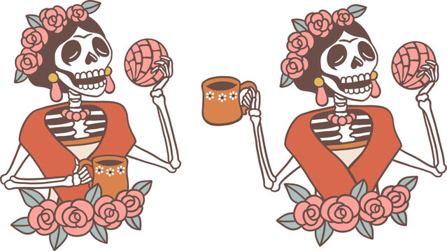 Skeleton Conchas and coffee, vector isolate illustration white background.