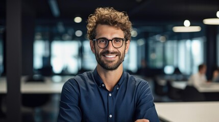 Obraz premium Portrait of a male web designer at a client presentation showcasing his latest web design project