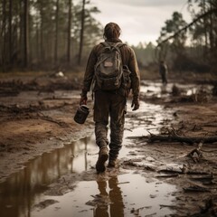 A man walks on a dirty, wet road