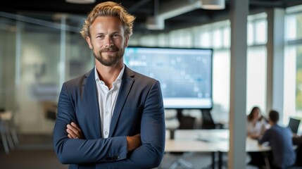 Obraz premium Portrait of a male web designer at a client presentation showcasing his latest web design project