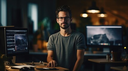 Portrait of a male web designer in a creative web design studio crafting visually stunning websites