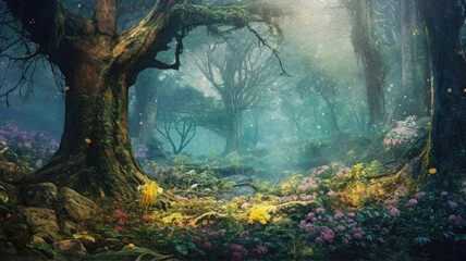 Dreamlike Forestscape, Surreal Trees, River, and Blooming Flowers. Nature's Dreamscape, Surreal Forest with Dancing Trees and Flowers - obrazy, fototapety, plakaty