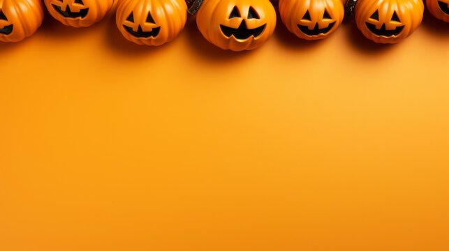 A collection of spooky jack-o'-lanterns with expressive faces on an orange background with copy space - created with Generative AI technology