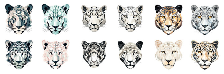 Fototapeta premium Collection of geometric black and white jaguar head illustrations transparent background
