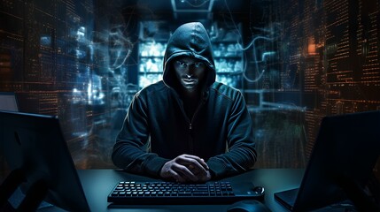 Cybercriminals in a hood sitting in front of a computer, the concept of cybersecurity and data protection from online theft.