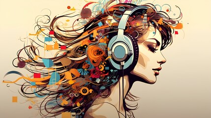 A beautiful and creative illustration of a woman wearing headphones, a musical concept.
