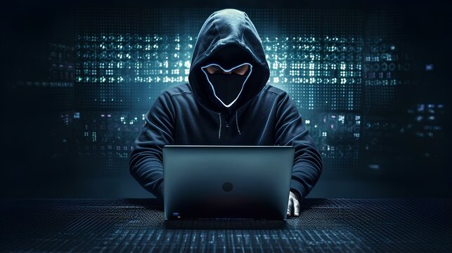 Cybercriminals in a hood sitting in front of a computer, the concept of cybersecurity and data protection from online theft.