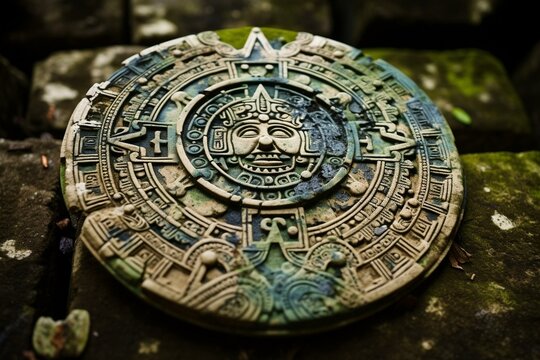 Close-up of Aztec-Mayan calendar on stone. Generative AI