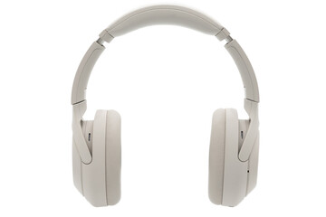 Wireless Silver headphones background on isolated background. With Noise Cancelling and Integrated Microphone.