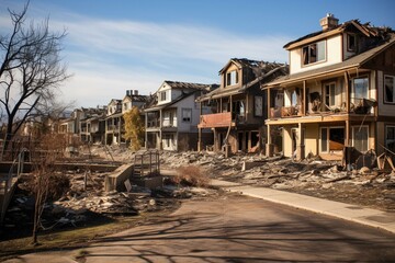 Fototapeta na wymiar Damaged houses from a wildfire in Louisville, CO. Generative AI