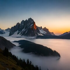 Beautiful sunrise in mountains with white fog below panorama.AI generated