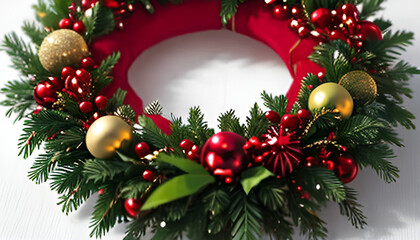 Fototapeta na wymiar christmas wreath with red balls and ribbon