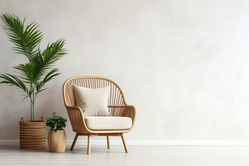 A stylish wicker chair in a light bedroom interior with a rattan armchair beside a white wall in a Scandinavian living room. The room features a wabi sabi aesthetic with eco natural. Generative AI