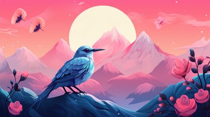 Colorful vector illustation of bird on pink and blue gradient background with mountains, moon, flower. For poster, banner, greeting card - obrazy, fototapety, plakaty