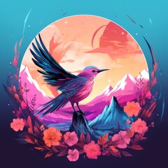 Colorful vector illustation of bird on pink and blue gradient background with mountains, moon, flower. For poster, banner, greeting card