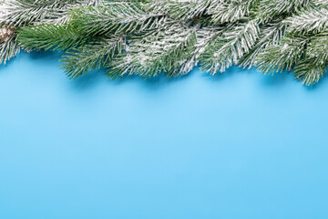 Christmas fir tree branch frame over blue