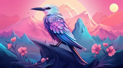 Foto op Plexiglas Colorful vector illustation of bird on pink and blue gradient background with mountains, moon, flower. For poster, banner, greeting card © Zahid