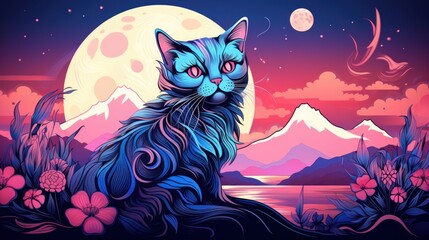 Colorful vector illustation of cat on pink and blue gradient background with mountains, moon, flower. For poster, banner, greeting card
