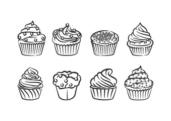 Cupcake line art hand drawn style collection doodle drawing black and white