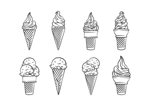 Ice cream cone collection line art sketch illustration