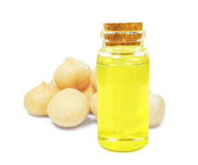 macadamia nut oil in a bottle isolated on a white background