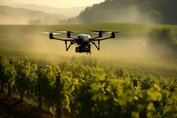 A drone sprays the vineyard, practicing smart farming and precision agriculture. Generative AI