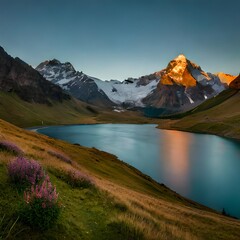 Fototapeta premium Fantastic evening panorama of Bachalp lake.AI generated