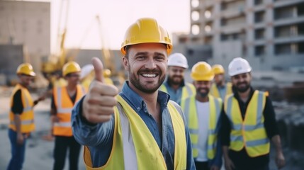 Construction engineer showing the victory sign at construction site - obrazy, fototapety, plakaty