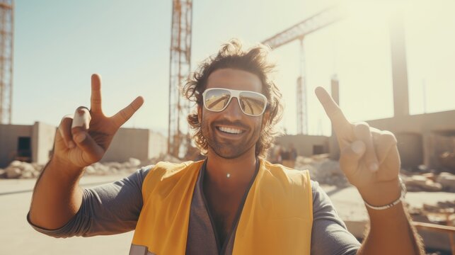 Construction engineer showing the victory sign at construction site