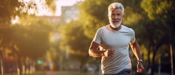 Senior man going for a run living a healthy lifestyle for longevity in park in morning - obrazy, fototapety, plakaty