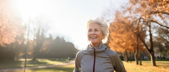 Senior woman going for a run living a healthy lifestyle for longevity in park in morning