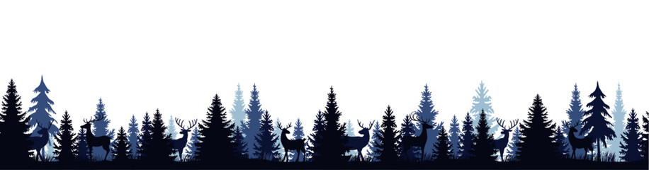 Fir forest landscape with deers at night, blue panorama vector illustration, seemless border pattern, global colors