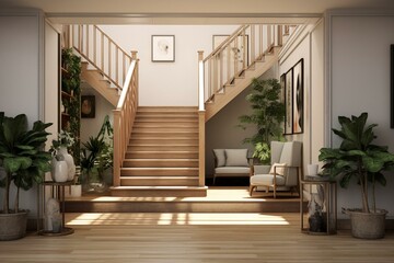 3D depiction of an entrance hallway with stairs, artwork, display stand, seating, and plants. Seen from the front view. Generative AI