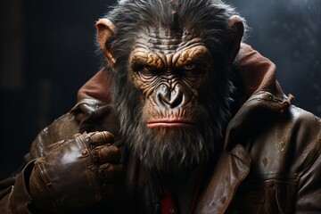 Portrait of a strong male chimpanzee in a leather jacket.