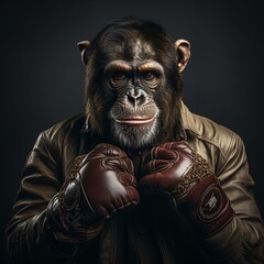 Chimpanzee in leather jacket and boxing gloves on dark background