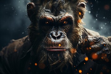 Portrait of a chimpanzee in a dark forest. The concept of wild animals.